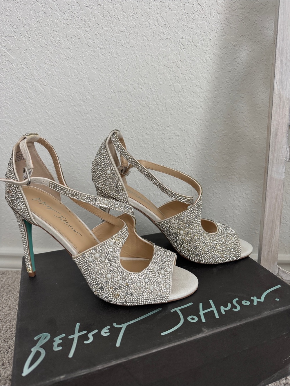 Betsey Johnson Silver Crystal Embellished Strappy Peep-Toe Heels